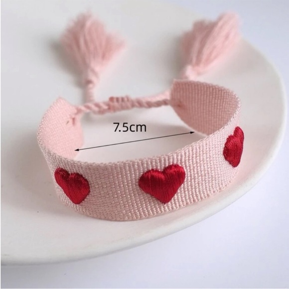 Pink with Hearts Boho Woven Tassel Bracelet - Picture 4 of 6